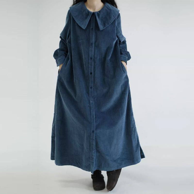 

Осень Зима Корейская Свободная Мода Ретро Платье Вельветовое Приталенное Длинное Платье с Воротником Лист Лотоса M синий