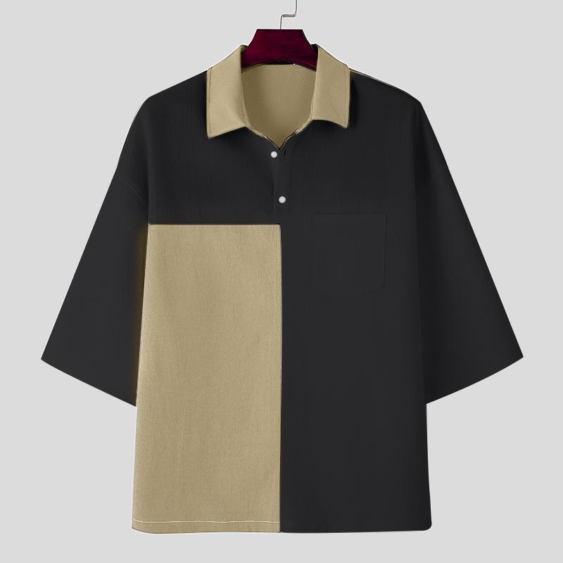 INCERUN Men Oversized Stitching Short Sleeve Tops Summer Lapel Loose T-shirts