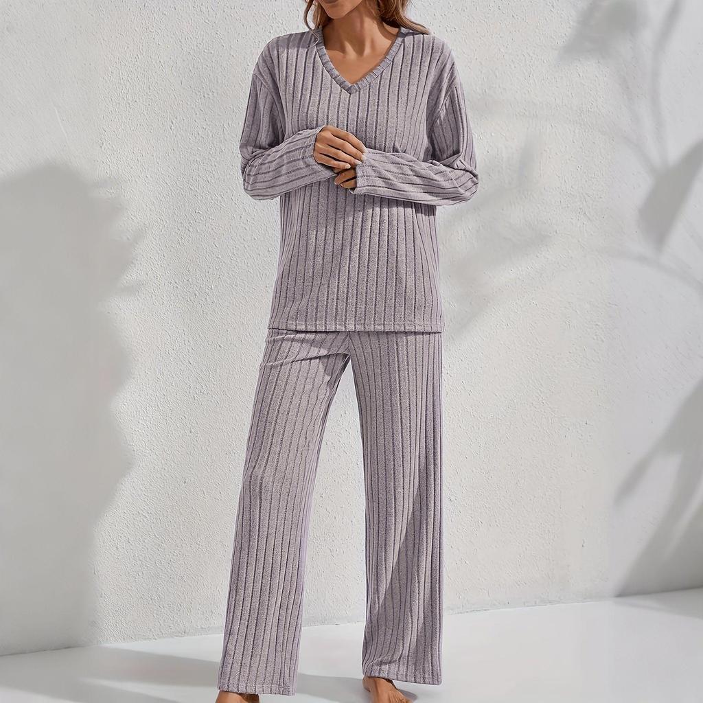 Cozy Striped Plush V-Neck Top & Casual Pants Pajama Set for Autumn/Winter