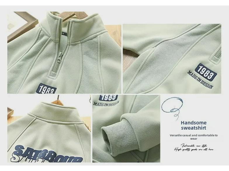 Boys' Winter 2024 Fleece Sweatshirt: Half-Zip, Long-Sleeve, Korean Style for Kids