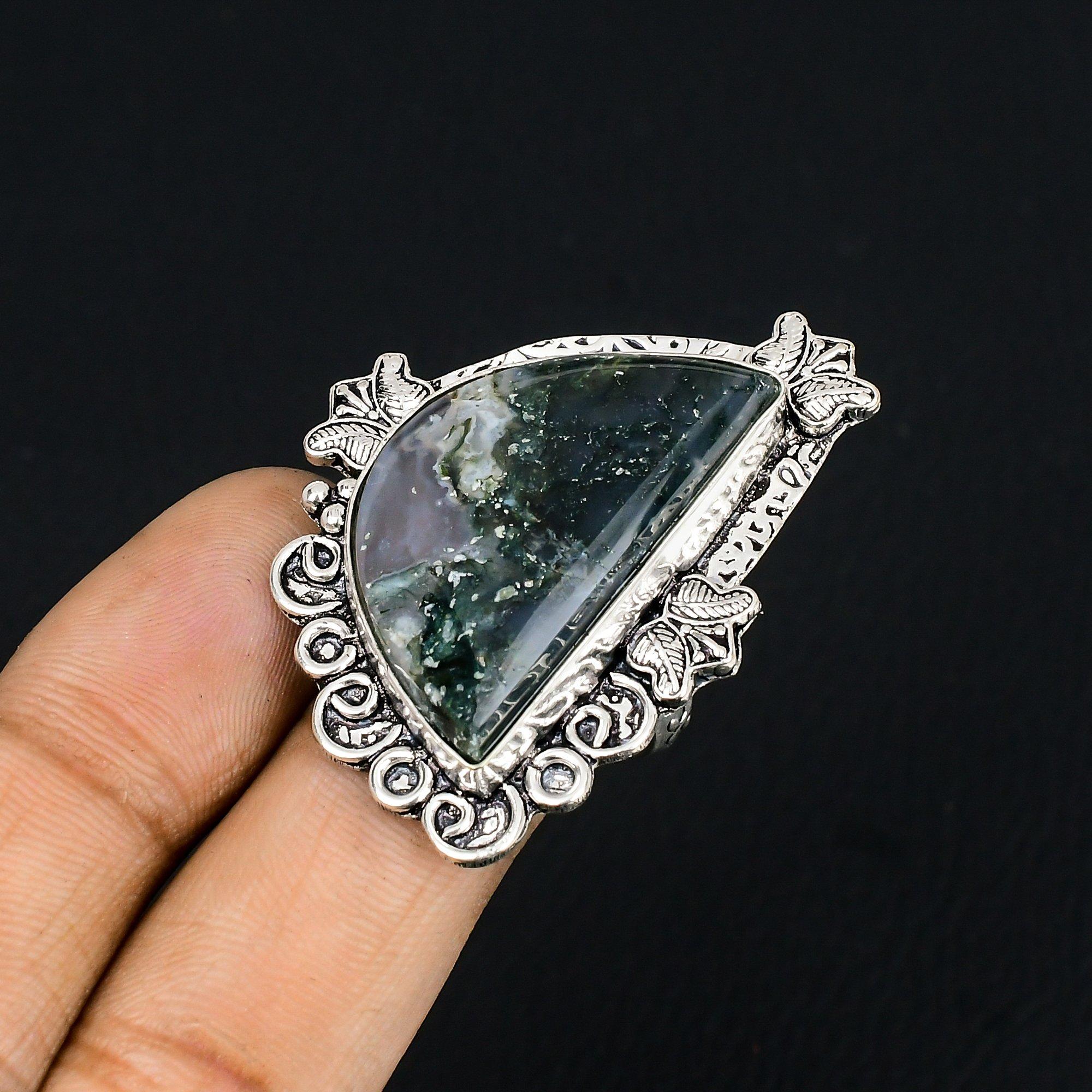 Natural Solar Moss Agate Gemstone Multi Stone Ring Size 8.5 925 Silver For Girls 8.5