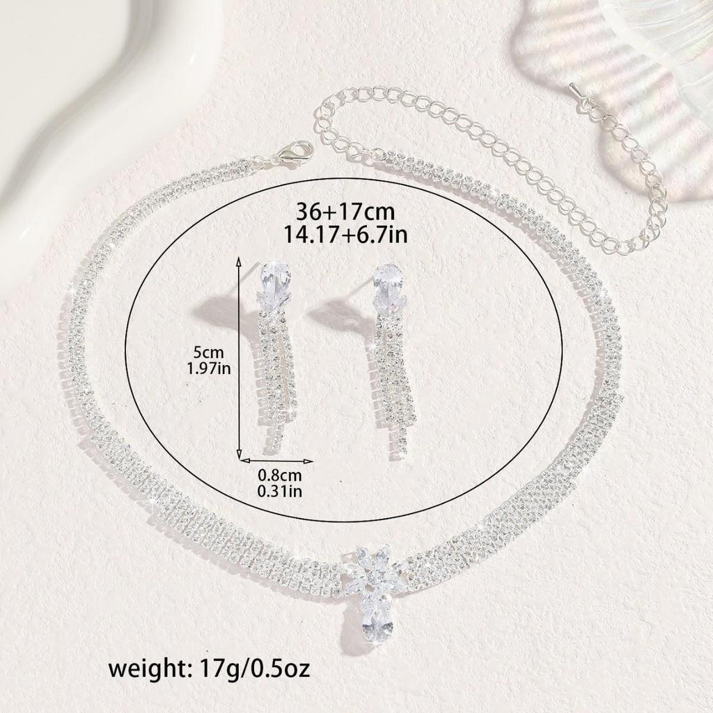 European & American Style Zirconia Necklace & Earrings Set - Full Diamond Wedding Jewelry