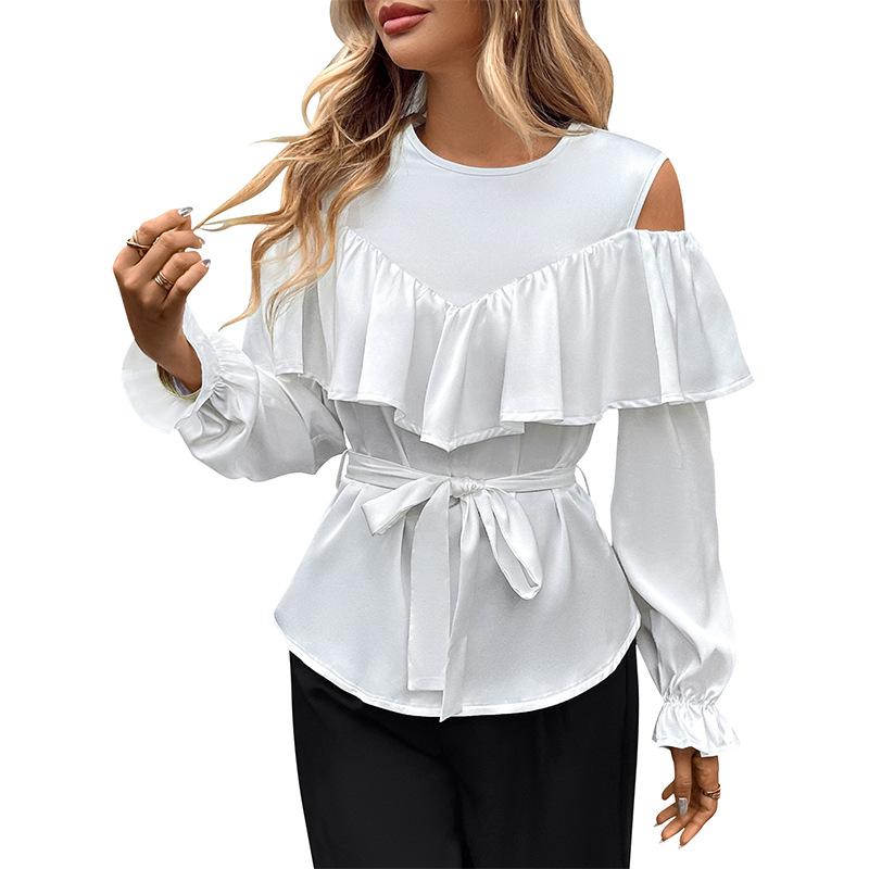 Womens Cold Shoulder Ruffle Trim Blouse Tie Waist Curved Hem Long Sleeve Shirts Casual Slim Fit Crew Neck Solid Tops