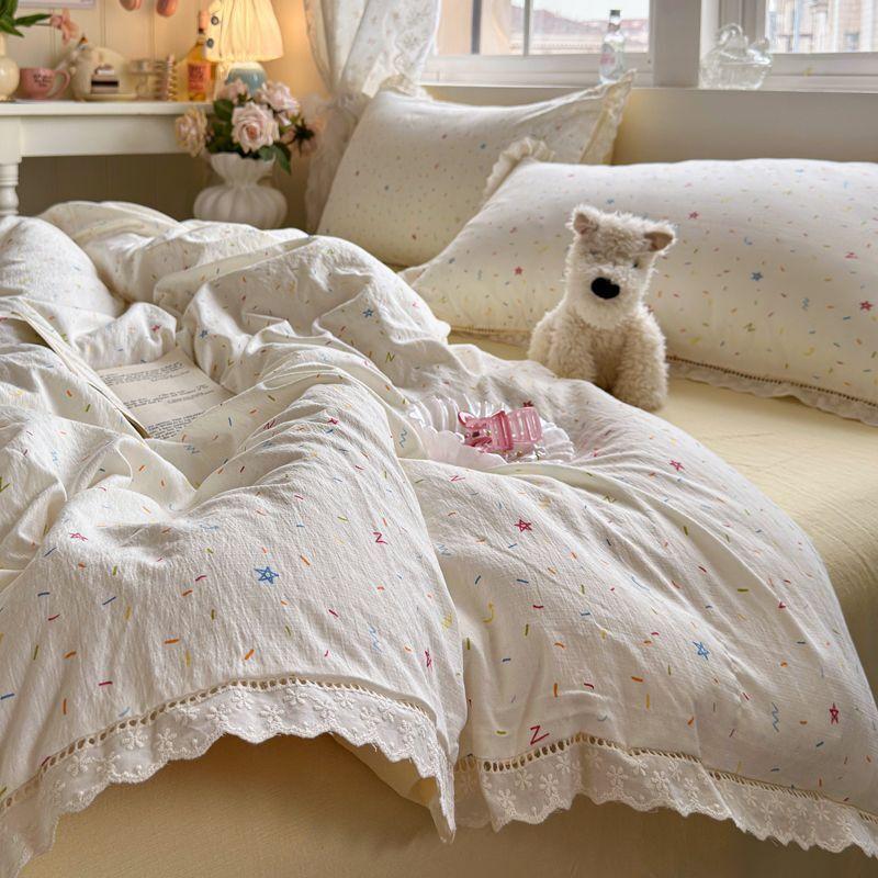 Ins Korean Style Blue Bow Double Layer Gauze Four-Piece Set Simple Lace Edge Duvet Cover Bed Sheet Dormitory 3-Piece Set