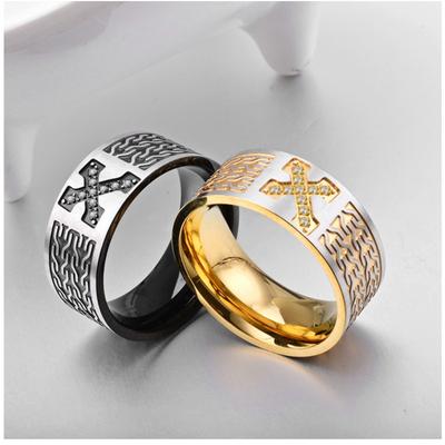 European and American Style Titanium Steel Plated 18K Gold Diamond Studded Cross Ring Ring