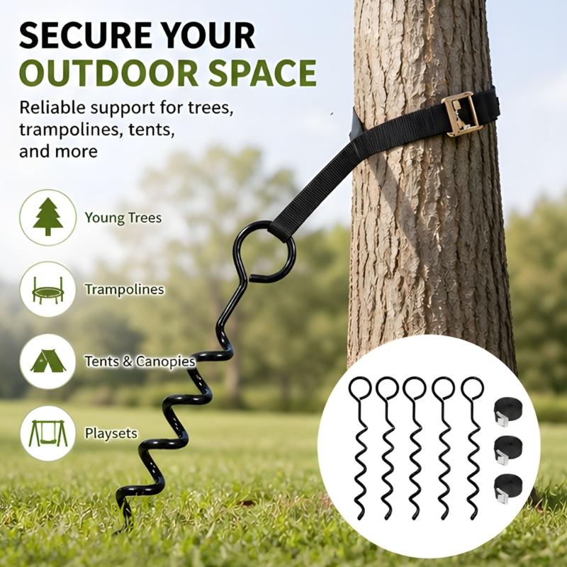 Garden Tree Staking Kit, Iron Helical Ground Stakes with Wide Eyelet Connections for Yards, Nurseries and Fruit Tree Areas