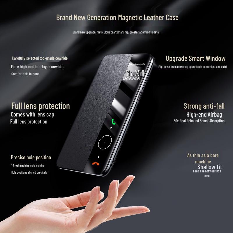 Qiali Genuine Leather Magnetic Flip Case with Smart Sleep for Huawei Pura90 Pro Max
