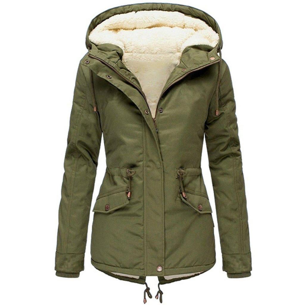 2025 Winter Women's Solid Color Hooded Parka Coat Thick Fleece Lined Cotton Jacket Outerwear