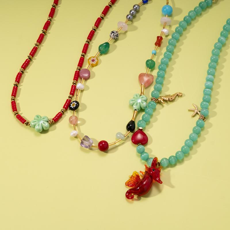 Necklace Colored Natural Stone Sea Horse Sea Star Flower Stainless Steel Pendant Women'S Beach Style European American