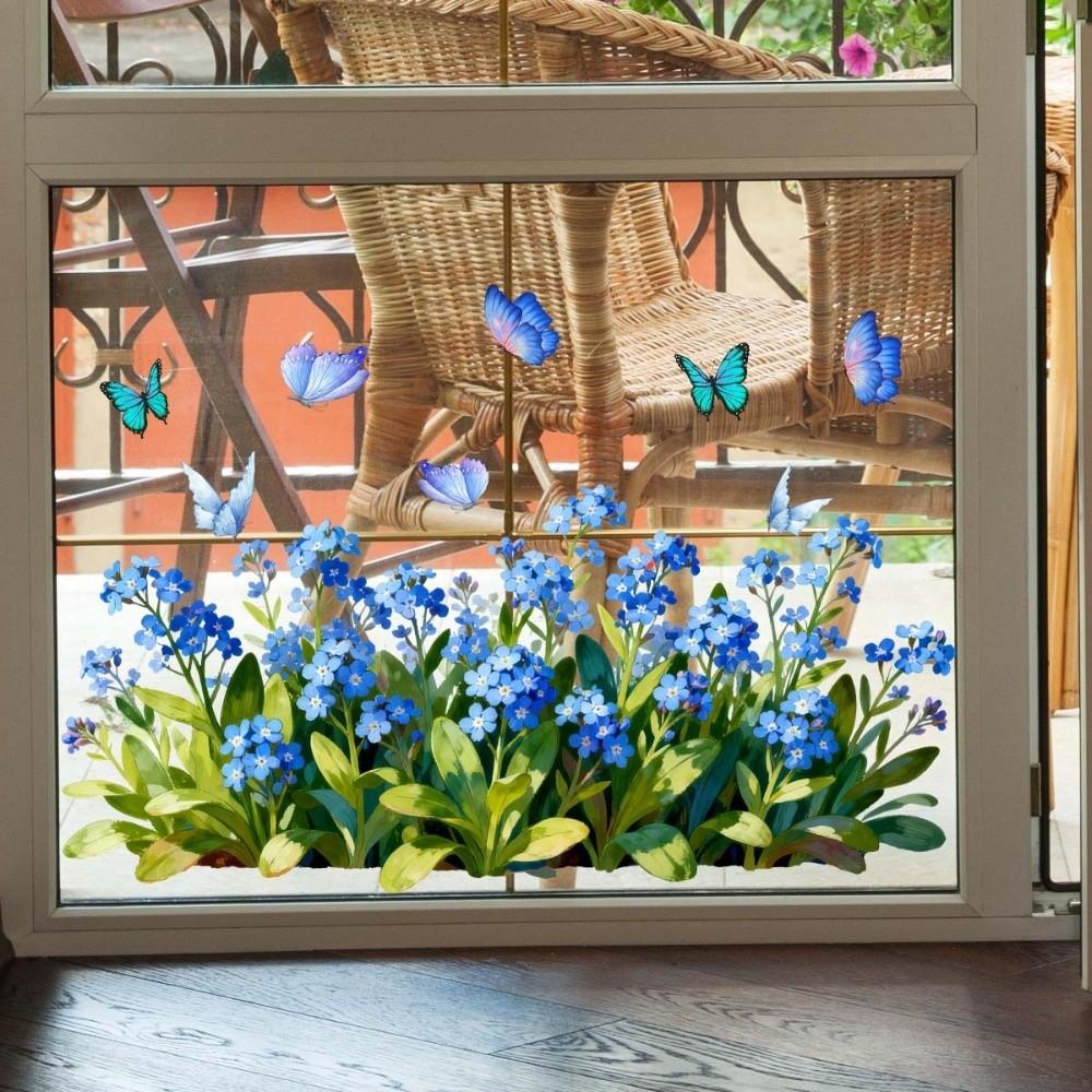 Tulip and Leaf Colorful Flower Window Stickers Glass Wall Decal Flower Butterfly Glass Electrostatic Film Floral Print Rose