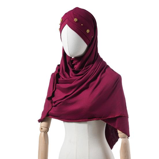 Headscarf Hat with Bright Bead Pleated Design Solid Color Shawl