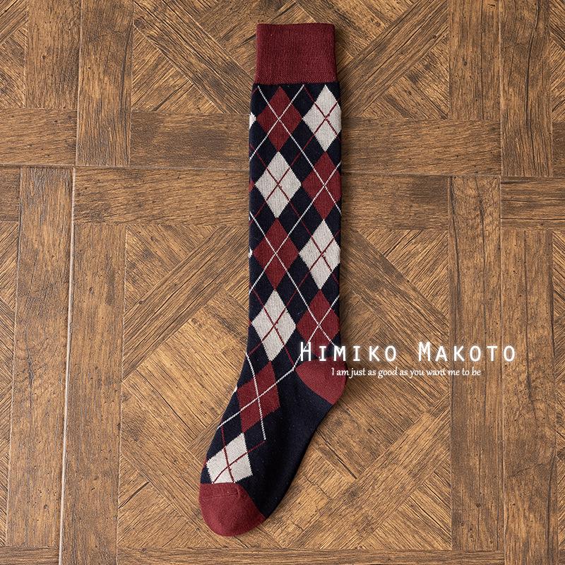 Korean Style Cotton Diamond Pattern Knee-High Retro Socks for Women