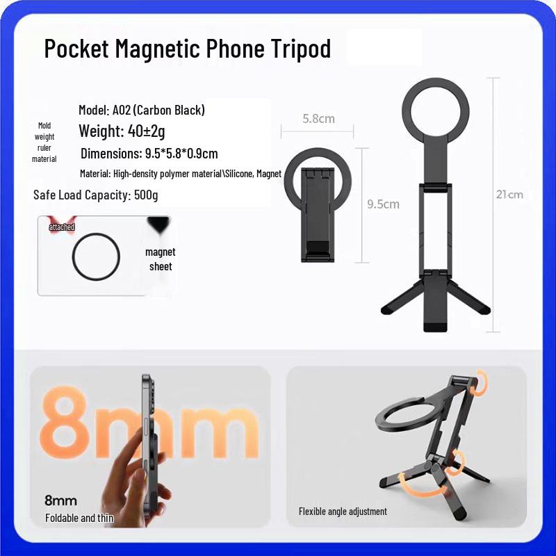 Compact Foldable Magnetic Phone Holder & Selfie Stick - Portable Tripod for Pocket or Desktop Use