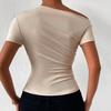 Women Summer T-shirt Skew Collar Short Sleeve Slim Fit Tee Shirt Solid Color Side Shirring Pullover Tops