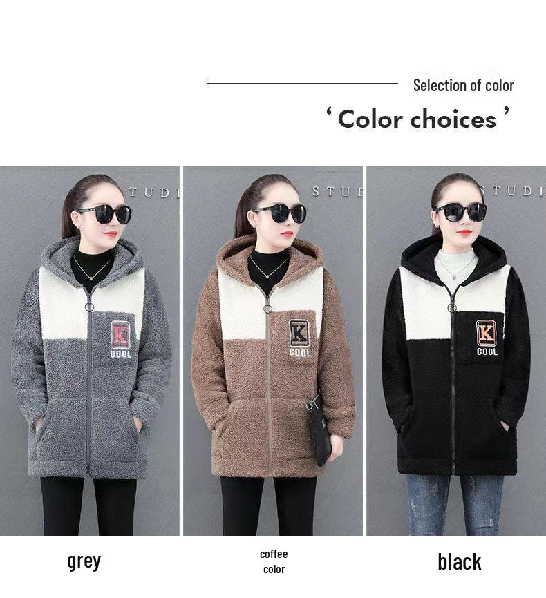 Damski sweter-płaszcz z haftem, blokami kolorów, z wełny jagnięcej - Średniej długości, podszyty polarem, sztuczne futro, luźny krój, Moda jesień/zima