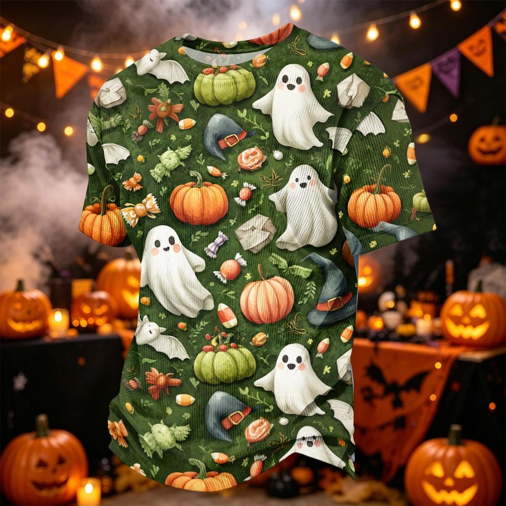 Herren Casual Corduroy Kurzarm Rundhals Leicht Atmungsaktiv Oberteil Halloween-Thema Aufdruck Bequeme Passform