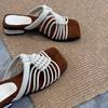 Woven Thin Strap Slippers Summer New Square Toe Open Toe Cutout Breathable Non-slip Wear-resistant Low Heel Shoes