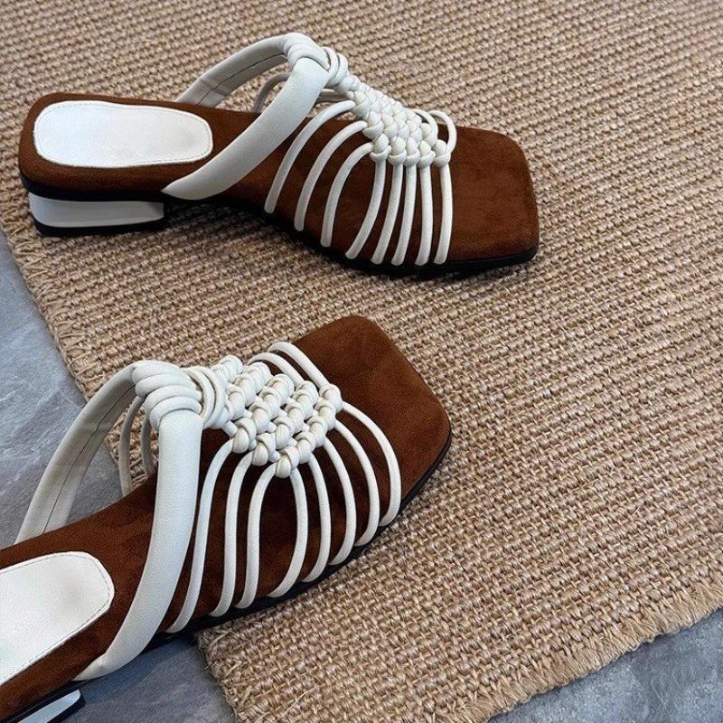 Woven Thin Strap Slippers Summer New Square Toe Open Toe Cutout Breathable Non-slip Wear-resistant Low Heel Shoes