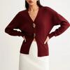 Pull Tricoté Couleur Unie Col V Boutonné Manches Longues Haut Élégant Décontracté pour Femmes