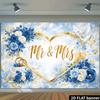 2D Blue Gold Mr & Mrs Photography Backdrop Wedding Heart Photo Booth Banner