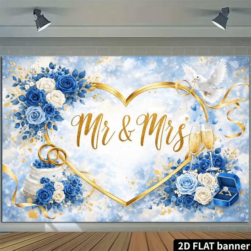 2D Blue Gold Mr & Mrs Photography Backdrop Wedding Heart Photo Booth Banner