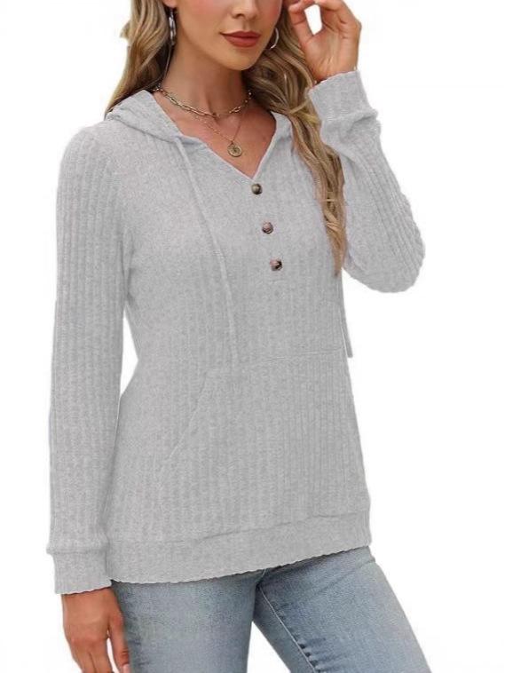 2025 Autumn/Winter Women's Solid Color Ribbed Knit Hoodie Sweater