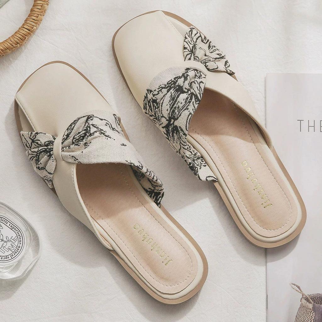 Evening breeze gentle French temperament slippers women's 2025 summer new lazy one-pedal flat-bottomed bag head half slippers