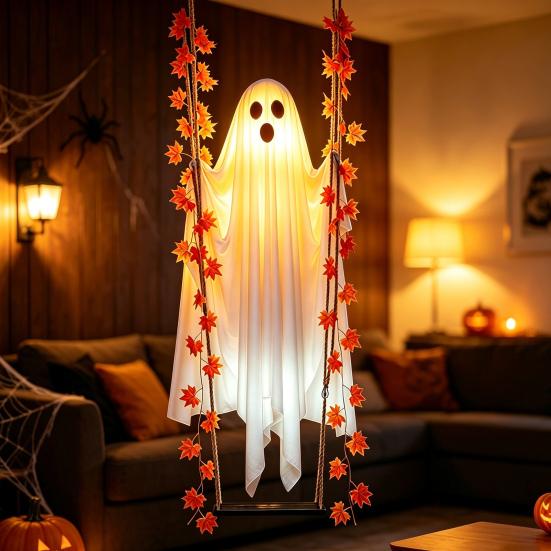 Lightweight Fabric Ghost Prop Halloween Hanging Swing Decoration with Maple Leaf, LED Lighted Large Spooky Tree Ornaments Swinging Remote Control for
