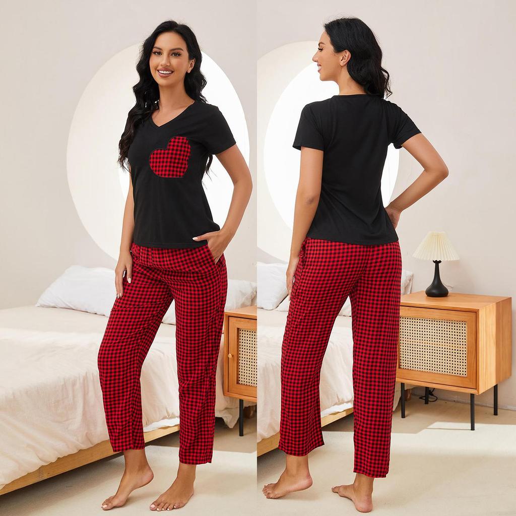 Summer Sleeping Suit for Women 2 Pieces Pajamas Set V Neck Short Sleeves Heart Printed Shirts and Plaid Long Pants Leisure Home Wear Nighty
