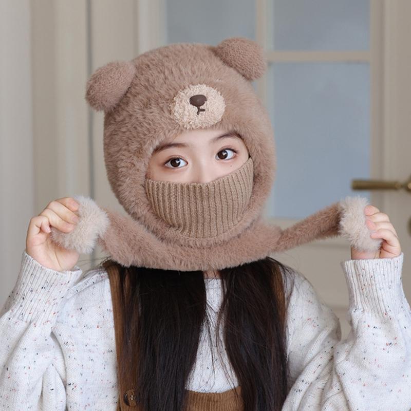 Children Face Cover Brimless Hat Neck Warmer With Cartoon Bear Design Pullover Earflap Hat For Toddler Skiing Hiking
