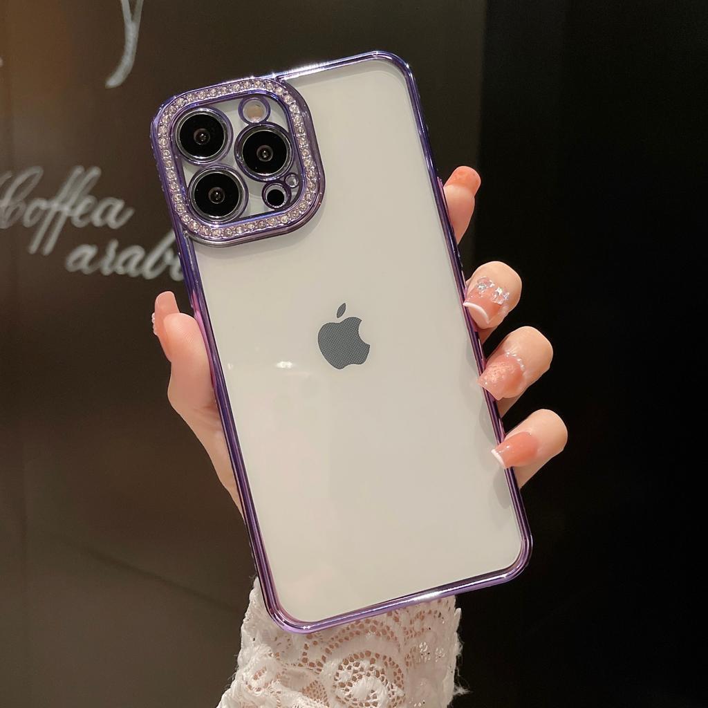 Suitable for IPhone16 Phone Case Electroplated with Full Diamond Lens, Creative Transparent TPU Soft Case 14 Protective Case for Apple 15
