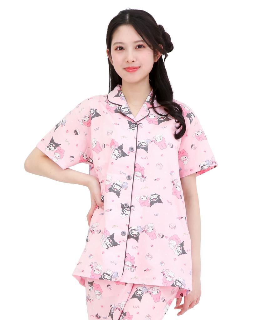 SAZAC Angel My Melody x Kuromi Shirt Cotton Short Sleeve and Long Pants Loungewear Pajamas, 100% Broadcloth, Women's Set, (Pink/M/SAN1947)