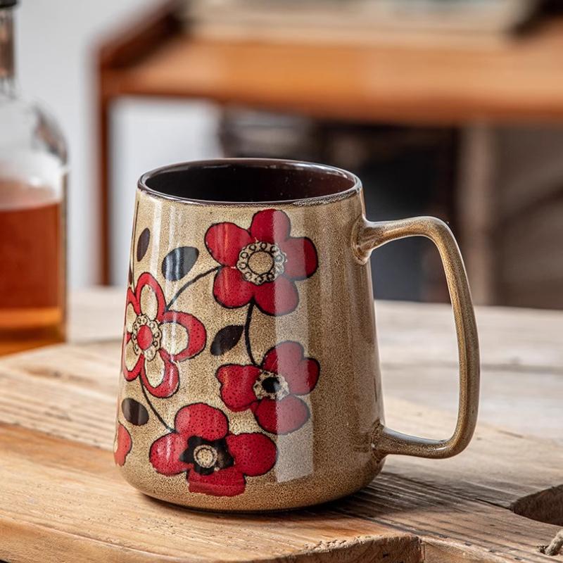 Velký keramický hrnek na kávu s uchem, ručně malovaný vintage květinový velký hrnek na kávu 700 ml, vysoký hrnek na čaj do kanceláře a domů, vhodný do mikrovlnné trouby a myčky nádobí