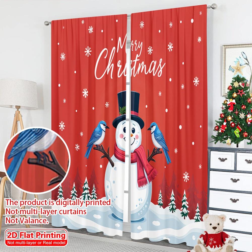 2pcs 2D Flat Printing Merry Christmas Popular Curtains Merry Christmas Snowman Cardinal Bluebird 100% Polyester Fabric Without