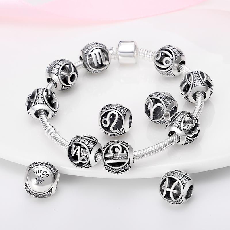 925 Silver Twelve Constellations Leo Aries Virgo Round Charms Beads Fit Qikaola Bracelets DIY Birthday Jewelry Gifts