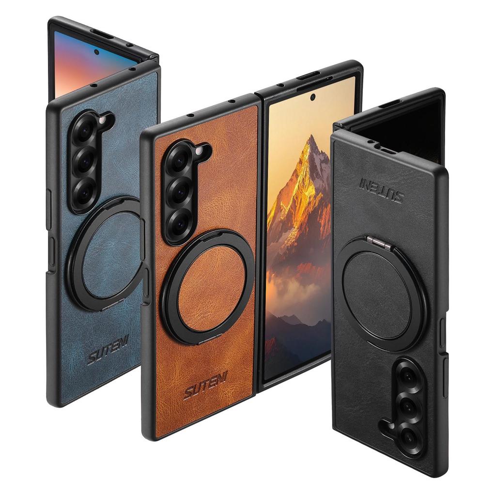 Samsung Z Fold7/6/5 Magnetic Wireless Charging Case with 360° Rotating Ring Stand and Leather Finish