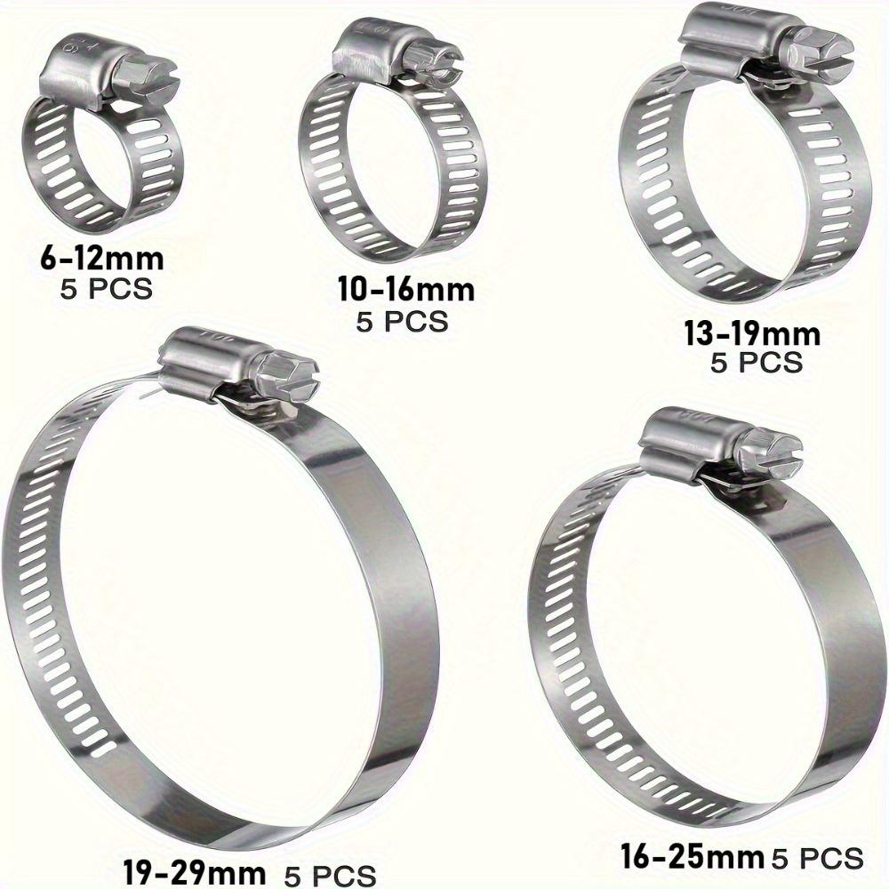 25-piece stainless steel water pipe clamp set, 1/4" to 1-1/8" T-bolt, worm gear design, suitable for pipe and automotive metal ring fastening