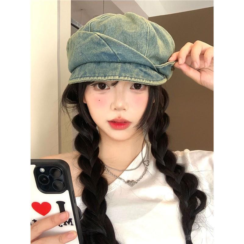 Literary and artistic washed denim niche design beret women's versatile face small sunshade sunscreen octagonal hat tide