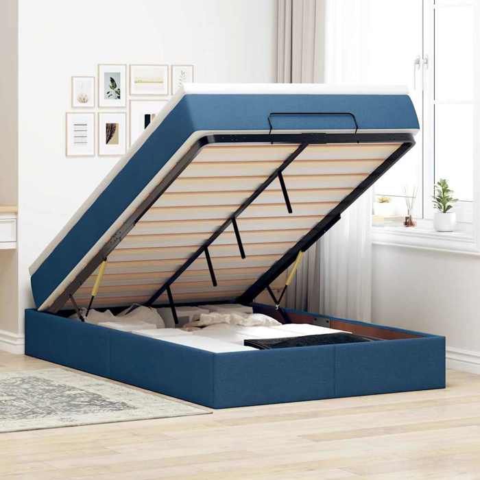Cadre de lit avec matelas - Maison Exclusive - Tissu bleu - 120x200 cm - Coffre hydraulique