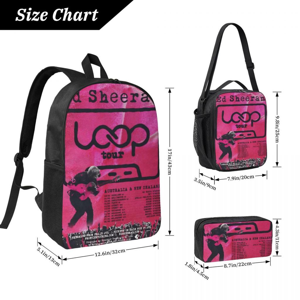 3Pcs Ed Sheeran Loop Tour 2026 Merch Backpack Set for Children Pen Bags Bookbag Sets with Lunch Box For School Students Daypack