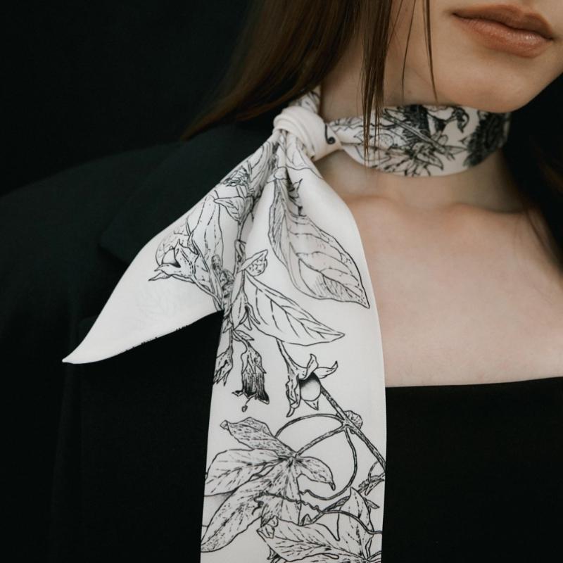 AVVINA PELLE Long Twilly Silk Scarf   Cream   Model  Botanic Garden