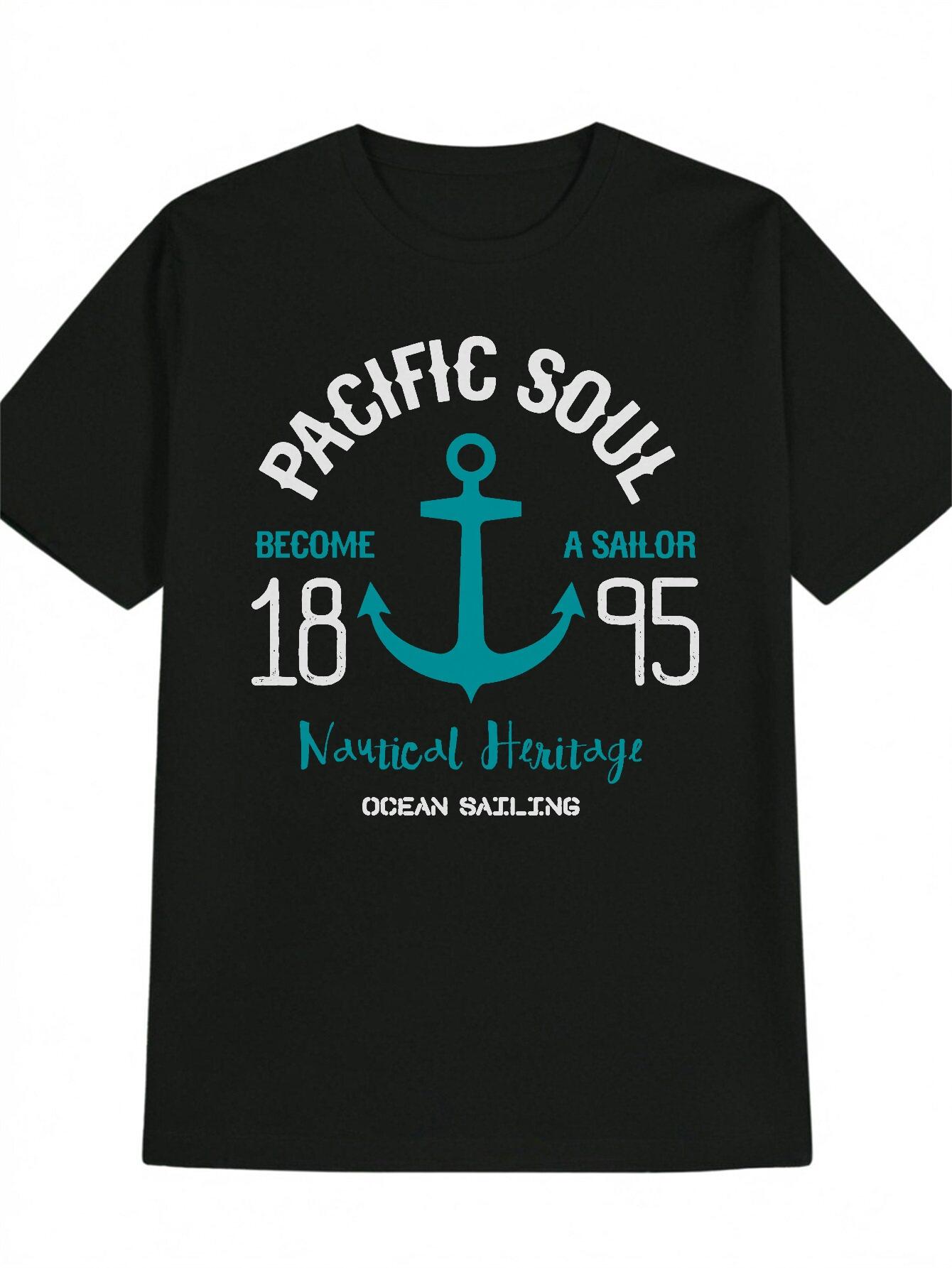 Navy Blue  Pacific Soul  T-shirt - Casual Crew Neck with Anchor & Nautical Design M