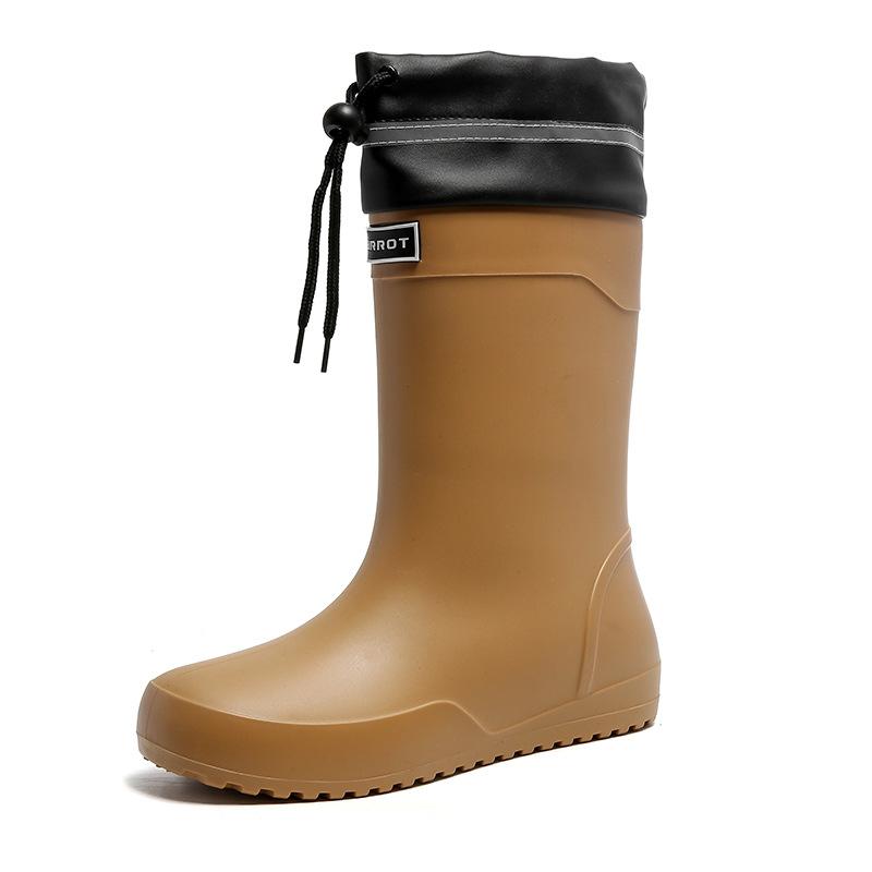 Water shoes, high-end medium tube flat-bottomed rain shoes, men's closing mouth plus fixed cotton lint, winter velvet rain boots, size waterproof glue
