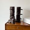 Pants, boots, women's knee fashion boots, belt buckle knight boots, but light luxury, European and American retro folds