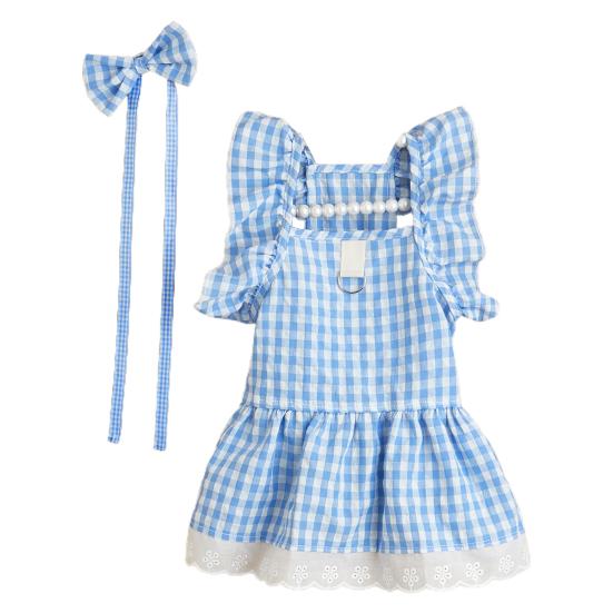 Yousheng Summer Dog Clothes Bow Headdress Ruffled Sleeve Lace Hem Pullover Elegant Dressing-Up Soft Plaid Dress Pet Cat Two-legged Clothes Puppy