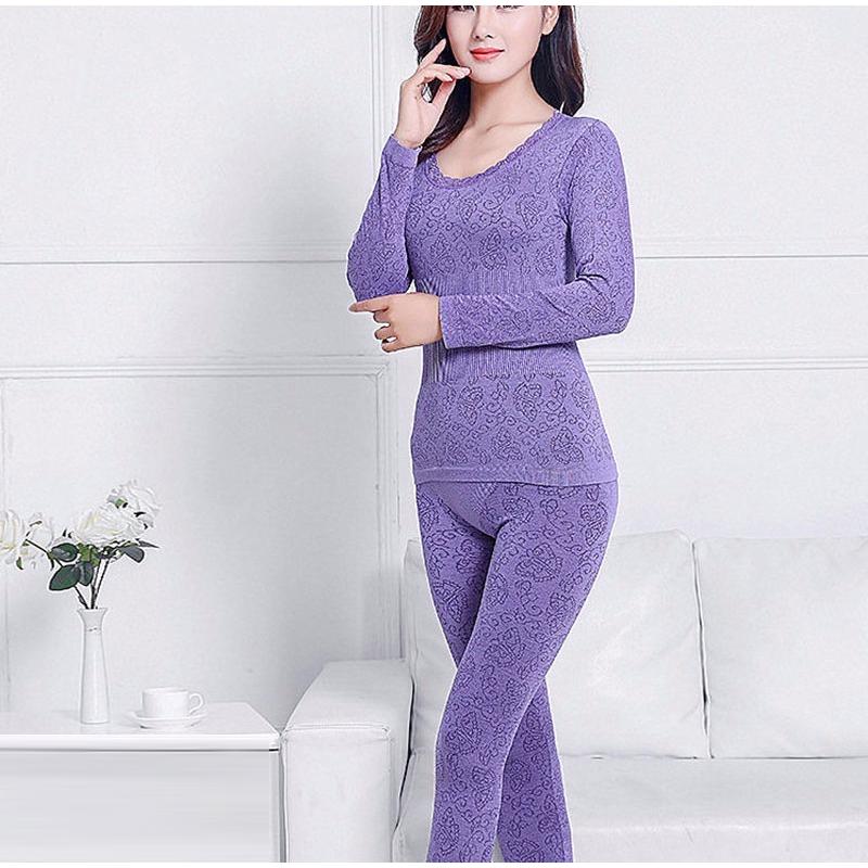 Sexy Women Underwear Thermal Sets High Neck Long Sleeve Top and Elastic Waist Bottom Comfortable Suit