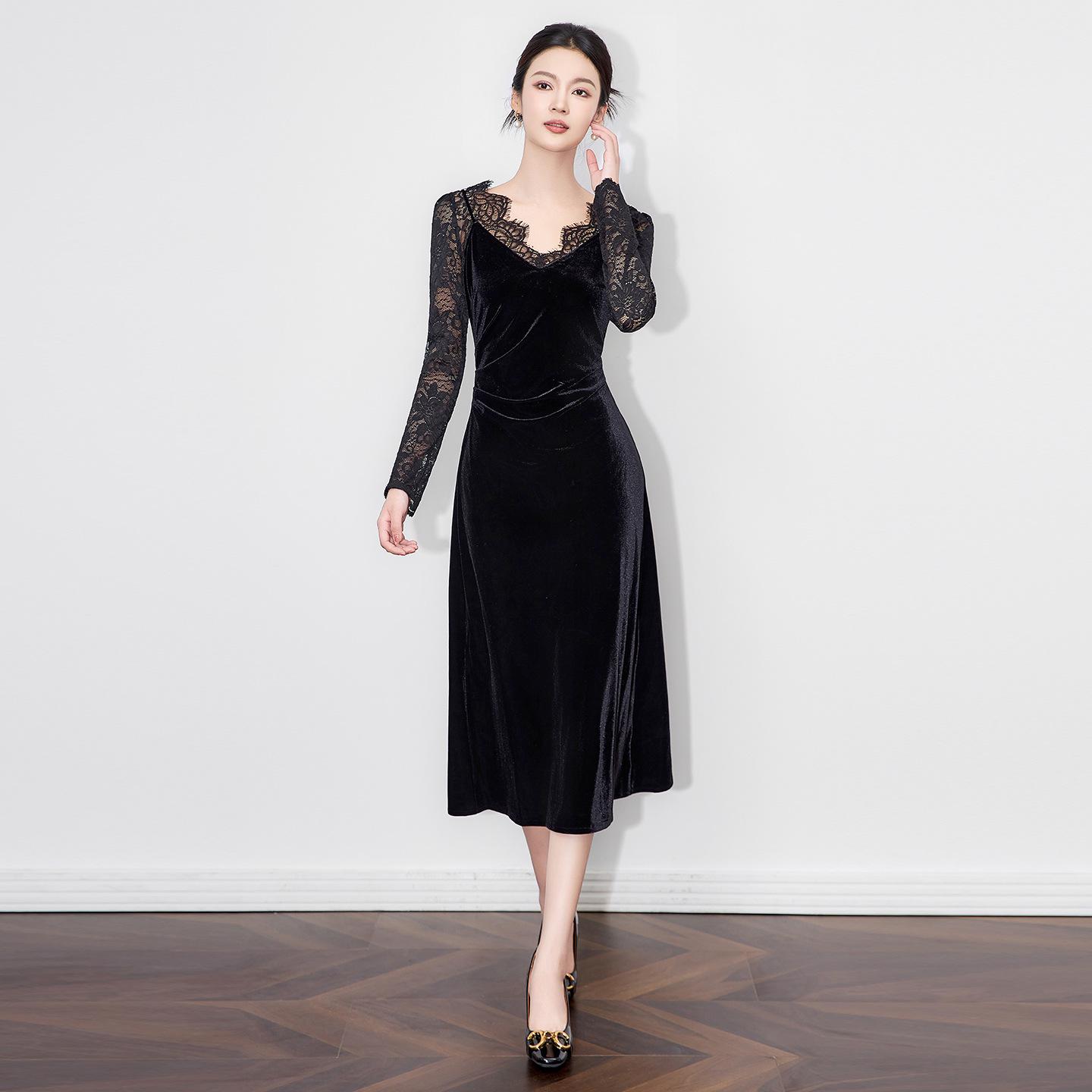 

French Romantic Socialite Gold Velvet Lace Dress - Autumn Style Medium чорний