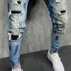 Men Jeans Ripped Whitewashed Multi Pockets Bottoms Skinny Washable Denim Pants Streetwear