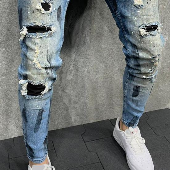 Men Jeans Ripped Whitewashed Multi Pockets Bottoms Skinny Washable Denim Pants Streetwear