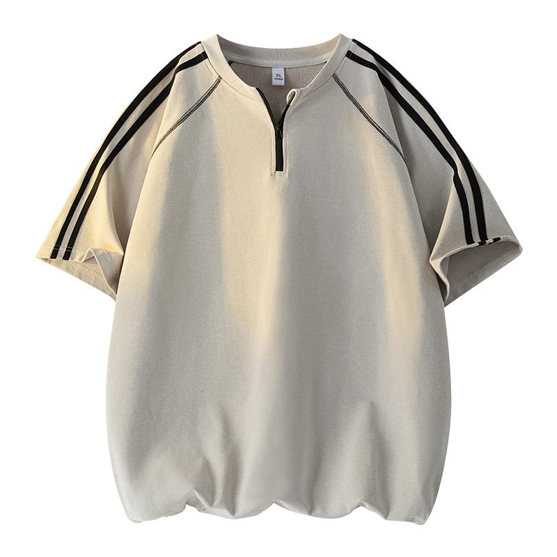 Plus Size Men's Half-zip Cool Breathable Striped Sports Short-sleeved Men's Moisture-wicking T-shirt